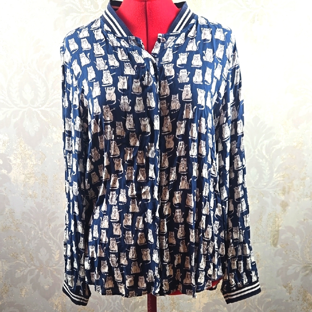 Navy and White Cat Print Blouse